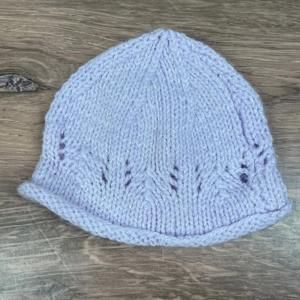Knit Hat and Booties Set Kids 0-3M Purple Pink Pointelle Shimmer